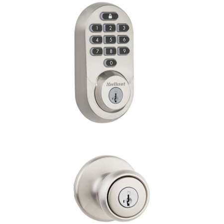 Kwikset Tylo Single Cylinder Keyed Entry Knob Set and Electronic Keyless Entry Deadbolt Combo Pack with SmartKey from the Halo Collection Satin Nickel