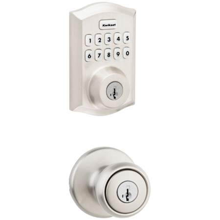 Kwikset Tylo Single Cylinder Keyed Entry Knob Set and Electronic Keyless Entry Deadbolt Combo Pack with SmartKey from the Home Connect Collection Satin Nickel