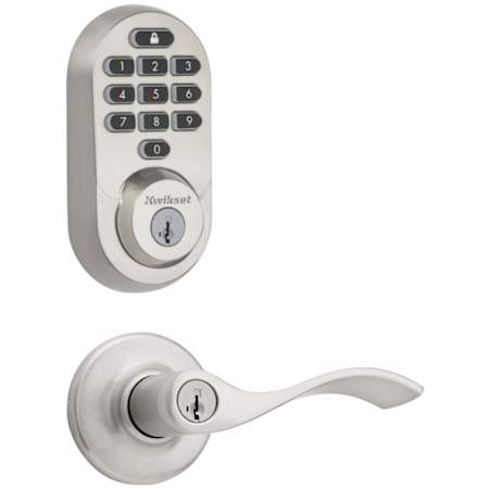 Kwikset Balboa Single Cylinder Keyed Entry Lever Set and Electronic Keyless Entry Deadbolt Combo Pack with SmartKey from the Halo Collection Satin Nickel