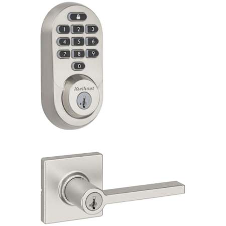 Kwikset Casey Single Cylinder Keyed Entry Lever Set and Electronic Keyless Entry Deadbolt Combo Pack with SmartKey from the Halo Collection Satin Nickel
