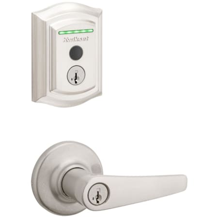 Kwikset Delta Single Cylinder Keyed Entry Lever Set and Electronic Keyless Entry Deadbolt Combo Pack with SmartKey from the Halo Collection Satin Nickel