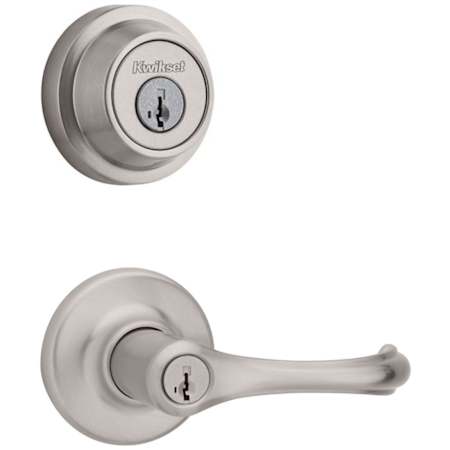 Kwikset Dorian Single Cylinder Keyed Entry Lever Set and Deadbolt Combo with SmartKey from the Contemporary Collection Satin Nickel