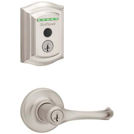 Kwikset Dorian Single Cylinder Keyed Entry Lever Set and Electronic Keyless Entry Deadbolt Combo Pack with SmartKey from the Halo Collection Satin Nickel
