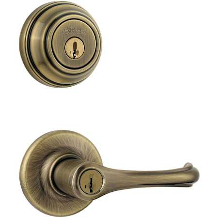 Kwikset Dorian (Round Rosette) Lever and 980 Deadbolt Combo Pack with SmartKey Antique Brass