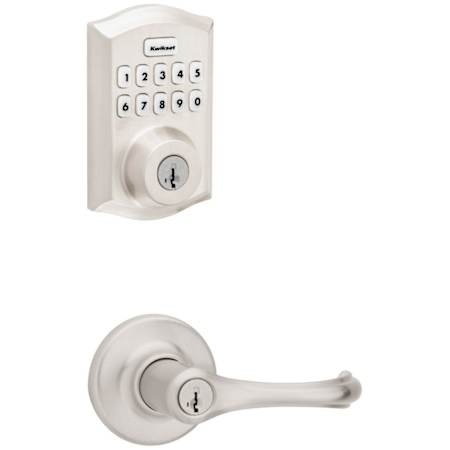 Kwikset Dorian Single Cylinder Keyed Entry Lever Set and Electronic Keyless Entry Deadbolt Combo Pack with SmartKey from the Home Connect Collection Satin Nickel
