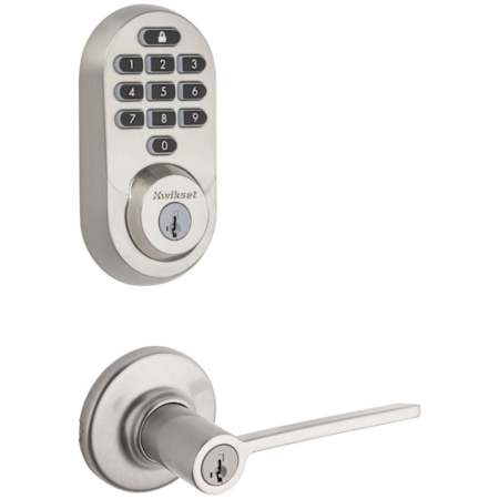 Kwikset Ladera Single Cylinder Keyed Entry Lever Set and Electronic Keyless Entry Deadbolt Combo Pack with SmartKey from the Halo Collection Satin Nickel