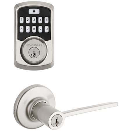 Kwikset Ladera Single Cylinder Keyed Entry Lever Set and Electronic Keyless Entry Deadbolt Combo Pack with SmartKey from the Aura Collection Satin Nickel