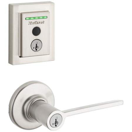 Kwikset Ladera Single Cylinder Keyed Entry Lever Set and Electronic Keyless Entry Deadbolt Combo Pack with SmartKey from the Halo Collection Satin Nickel