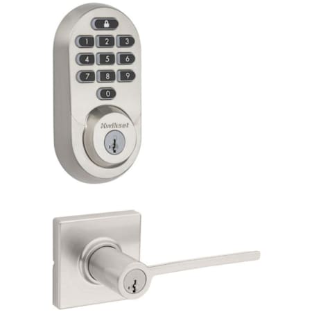 Kwikset Ladera Single Cylinder Keyed Entry Lever Set and Electronic Keyless Entry Deadbolt Combo Pack with SmartKey from the Halo Collection Satin Nickel