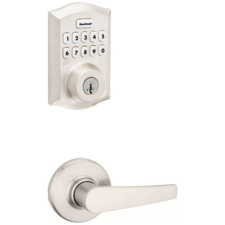 Kwikset Delta Passage Lever Set and Electronic Keyless Entry Deadbolt Combo Pack with SmartKey from the Home Connect Collection Satin Nickel