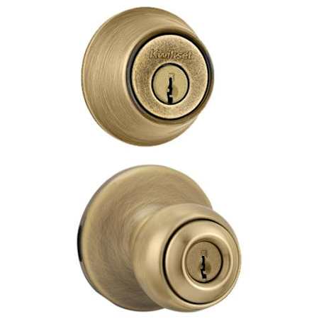 Kwikset Polo Keyed Single Cylinder Knobset and Deadbolt Combo Pack Antique Brass