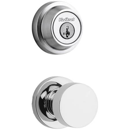 Kwikset Pismo Passage Knob Set and Single Cylinder Keyed Entry Deadbolt Combo with SmartKey from the Contemporary Collection Polished Chrome