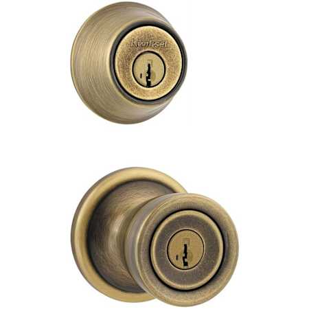 Kwikset Abbey (Round Rosette) Knob and 660 Deadbolt Combo Pack with SmartKey Antique Brass