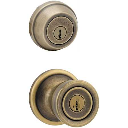 Kwikset Abbey (Round Rosette) Knob and 780 Deadbolt Combo Pack with SmartKey Antique Brass