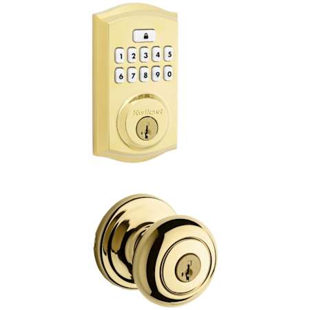 Kwikset Hancock Keyed Entry Knob Set and Electronic Keyless Entry Deadbolt Combo Pack with SmartKey from the SmartCode Deadbolts Touchpad Collection Lifetime Polished Brass