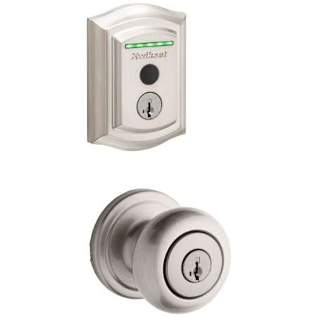 Kwikset Hancock Single Cylinder Keyed Entry Knob Set and Electronic Keyless Entry Deadbolt Combo Pack with SmartKey from the Halo Collection Satin Nickel
