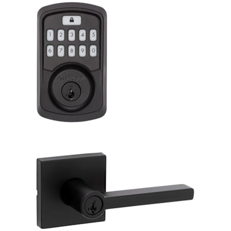 Kwikset Halifax Single Cylinder Keyed Entry Lever Set and Electronic Keyless Entry Deadbolt Combo Pack with SmartKey from the Aura Collection Matte Black