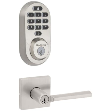Kwikset Lisbon Single Cylinder Keyed Entry Lever Set and Electronic Keyless Entry Deadbolt Combo Pack with SmartKey from the Halo Collection Satin Nickel