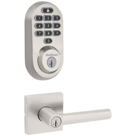 Kwikset Milan Single Cylinder Keyed Entry Lever Set and Electronic Keyless Entry Deadbolt Combo Pack with SmartKey from the Halo Collection Satin Nickel