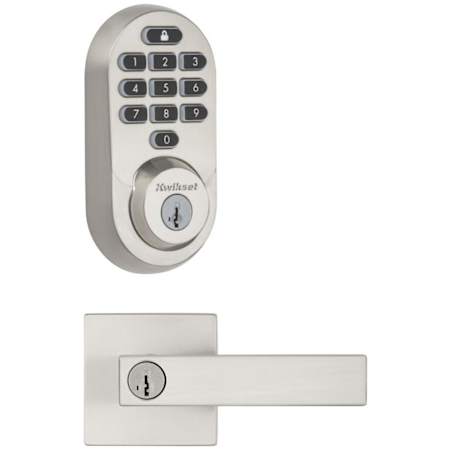 Kwikset Singapore Single Cylinder Keyed Entry Lever Set and Electronic Keyless Entry Deadbolt Combo Pack with SmartKey from the Halo Collection Satin Nickel