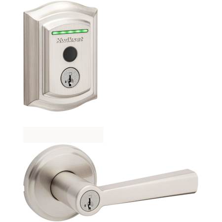 Kwikset Trafford Single Cylinder Lever Set and Halo Electronic Fingerprint Deadbolt Combo Pack with SmartKey Satin Nickel