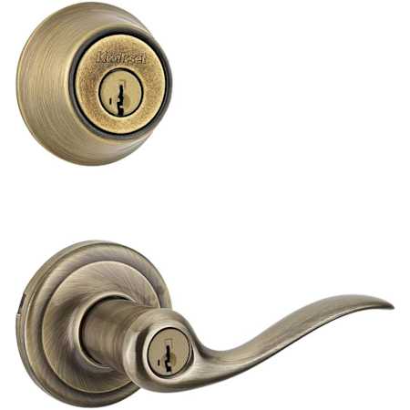 Kwikset Tustin Single Cylinder Keyed Entry Lever Set and Deadbolt Combo with SmartKey from the 660 Series Antique Brass