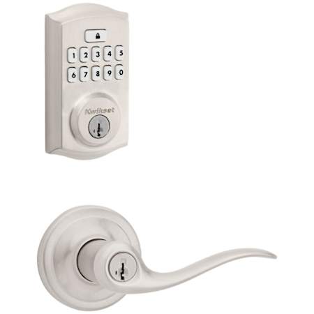 Kwikset Tustin Keyed Entry Lever Set and Electronic Keyless Entry Deadbolt Combo Pack with SmartKey from the SmartCode Deadbolts Touchpad Collection Satin Nickel