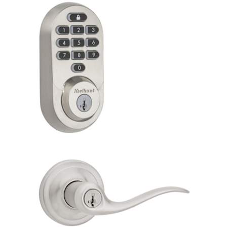 Kwikset Tustin Single Cylinder Keyed Entry Lever Set and Electronic Keyless Entry Deadbolt Combo Pack with SmartKey from the Halo Collection Satin Nickel