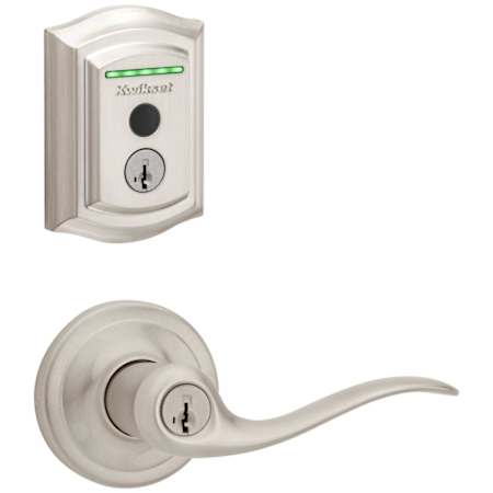 Kwikset Tustin Single Cylinder Keyed Entry Lever Set and Electronic Keyless Entry Deadbolt Combo Pack with SmartKey from the Halo Collection Satin Nickel