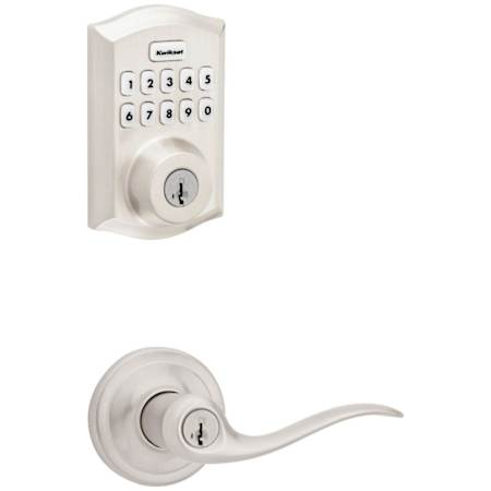 Kwikset Tustin Single Cylinder Keyed Entry Lever Set and Electronic Keyless Entry Deadbolt Combo Pack with SmartKey from the Home Connect Collection Satin Nickel