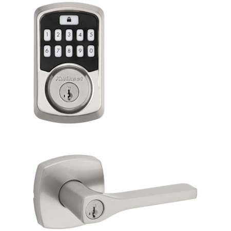 Kwikset Tripoli Single Cylinder Keyed Entry Lever Set and Electronic Keyless Entry Deadbolt Combo Pack with SmartKey from the Aura Collection Satin Nickel