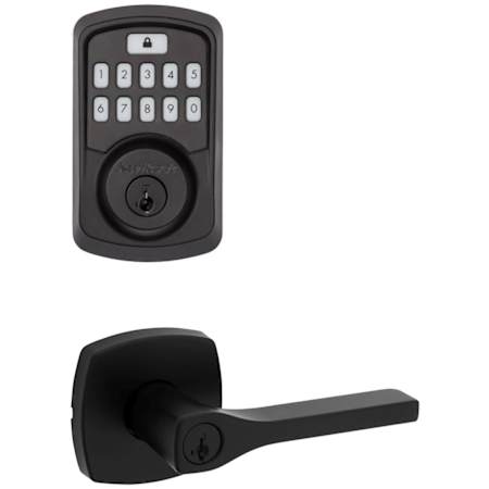 Kwikset Tripoli Single Cylinder Keyed Entry Lever Set and Electronic Keyless Entry Deadbolt Combo Pack with SmartKey from the Aura Collection Matte Black