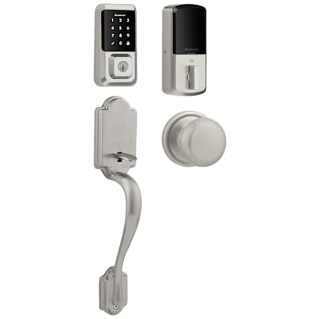 Kwikset 939 Halo Electronic Touchscreen WiFi Enabled Deadbolt with Arlington Handleset and Hancock Interior Knob Combo Pack with SmartKey Satin Nickel