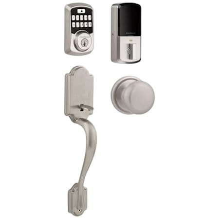 Kwikset 942 Aura Electronic Keypad Deadbolt with Arlington Handleset and Hancock Interior Knob Combo Pack with SmartKey and Bluetooth Technology Satin Nickel