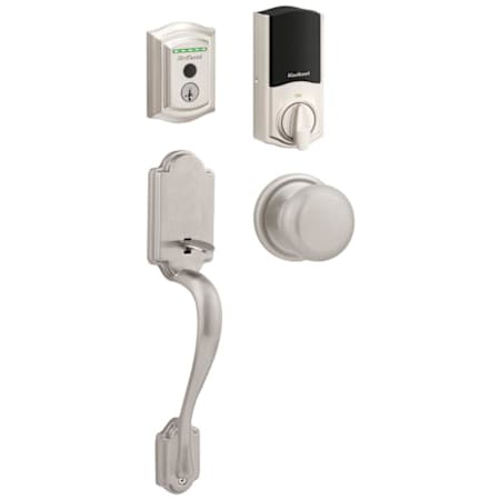 Kwikset 959 Halo Traditional Electronic Fingerprint WiFi Enabled Deadbolt with Arlington Handleset and Hancock Interior Knob Combo Pack with SmartKey Satin Nickel