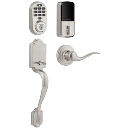 Kwikset 938 Halo Left Handed Electronic Keypad WiFi Enabled Deadbolt with Arlington Handleset and Tustin Interior Lever Combo Pack with SmartKey Satin Nickel