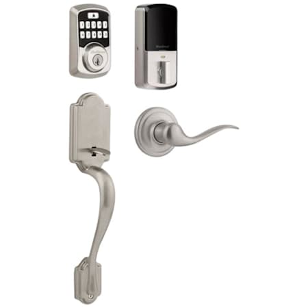 Kwikset 942 Aura Left Handed Electronic Keypad Deadbolt with Arlington Handleset and Tustin Interior Lever Combo Pack with SmartKey and Bluetooth Technology Satin Nickel