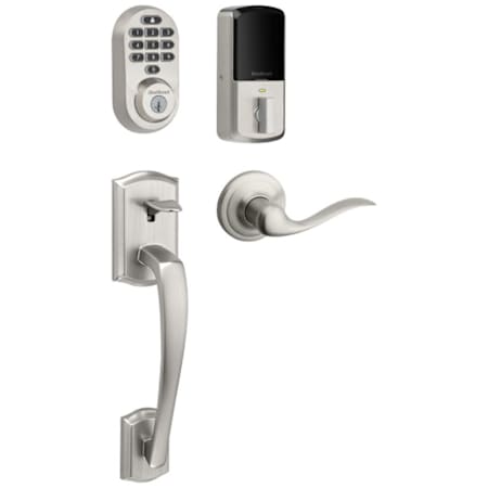 Kwikset 938 Halo Electronic Keypad WiFi Enabled Deadbolt with Prescott Handleset and Tustin Interior Lever Combo Pack with SmartKey Satin Nickel