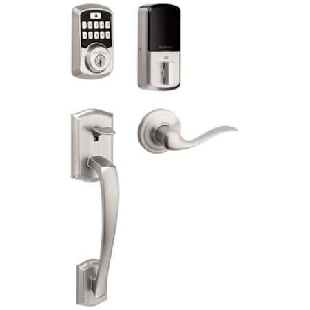 Kwikset 942 Aura Electronic Keypad Deadbolt with Prescott Handleset and Tustin Interior Lever Combo Pack with SmartKey and Bluetooth Technology Satin Nickel