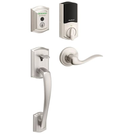 Kwikset 959 Halo Traditional Electronic Fingerprint WiFi Enabled Deadbolt with Prescott Handleset and Tustin Interior Lever Combo Pack with SmartKey Satin Nickel