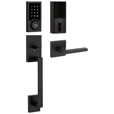 Kwikset 916 Contemporary Electronic Touchscreen Deadbolt with San Clemente Handleset and Halifax Interior Lever Combo Pack with SmartKey and Z-Wave Technology Iron Black