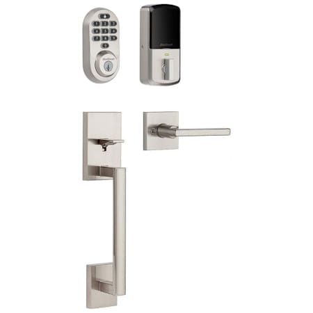 Kwikset San Clemente Sectional Electronic Keyless Entry Handleset with Halifax Interior Lever and SmartKey Satin Nickel