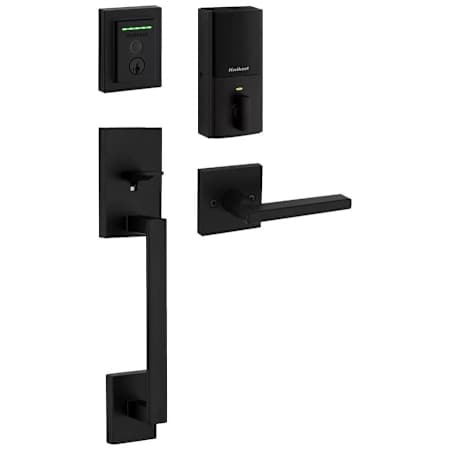 Kwikset 959 Halo Contemporary Electronic Fingerprint WiFi Enabled Deadbolt with San Clemente Handleset and Halifax Interior Lever Combo Pack with SmartKey Matte Black