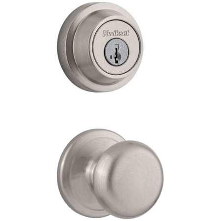Kwikset Juno Passage Knob Set and Single Cylinder Keyed Entry Deadbolt Combo with SmartKey from the Contemporary Collection Satin Nickel