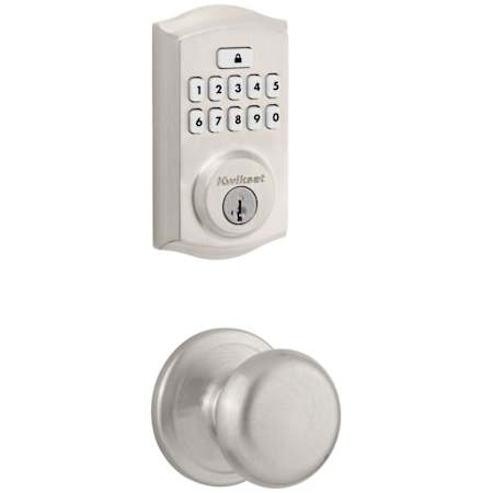 Kwikset Juno Passage Knob Set and Electronic Keyless Entry Deadbolt Combo Pack with SmartKey from the SmartCode Deadbolts Touchpad Collection Satin Nickel