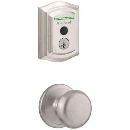 Kwikset Juno Passage Knob Set and Electronic Keyless Entry Deadbolt Combo Pack with SmartKey from the Halo Collection Satin Nickel