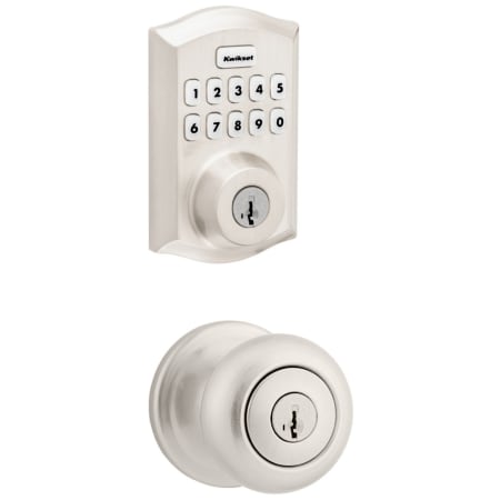 Kwikset Juno Single Cylinder Keyed Entry Knob Set and Electronic Keyless Entry Deadbolt Combo Pack with SmartKey from the Home Connect Collection Satin Nickel