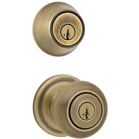 Kwikset Juno (Round Rosette) Knob and 660 Deadbolt Combo Pack with SmartKey Antique Brass