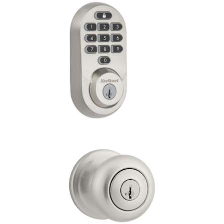 Kwikset Juno Single Cylinder Keyed Entry Knob Set and Electronic Keyless Entry Deadbolt Combo Pack with SmartKey from the Halo Collection Satin Nickel