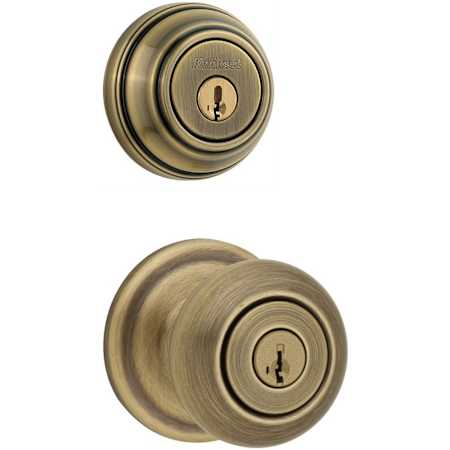 Kwikset Juno (Round Rosette) Knob and 980 Deadbolt Combo Pack with SmartKey Antique Brass